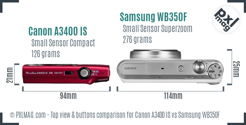 Canon A3400 IS vs Samsung WB350F top view buttons comparison