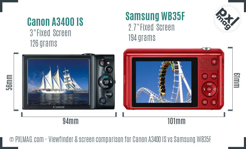 Canon A3400 IS vs Samsung WB35F Screen and Viewfinder comparison