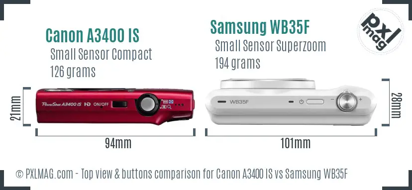Canon A3400 IS vs Samsung WB35F top view buttons comparison