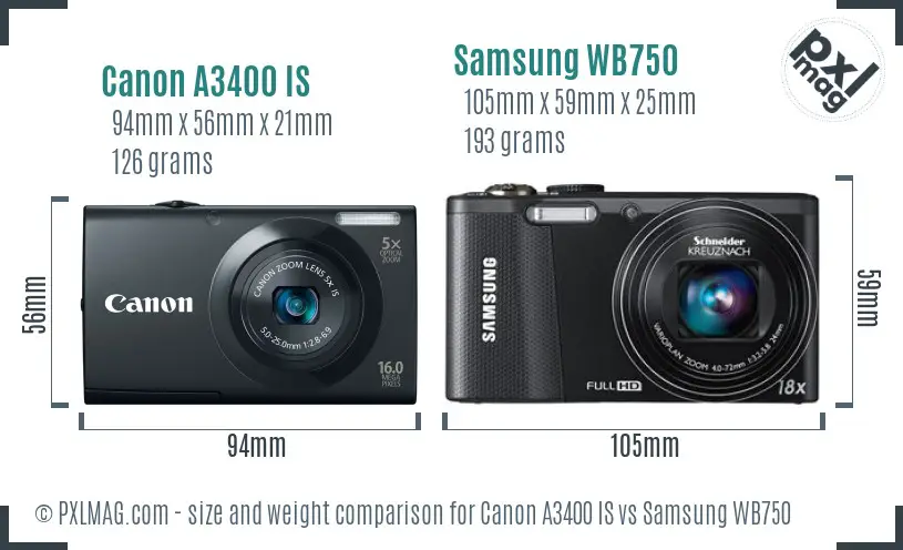 Canon A3400 IS vs Samsung WB750 size comparison