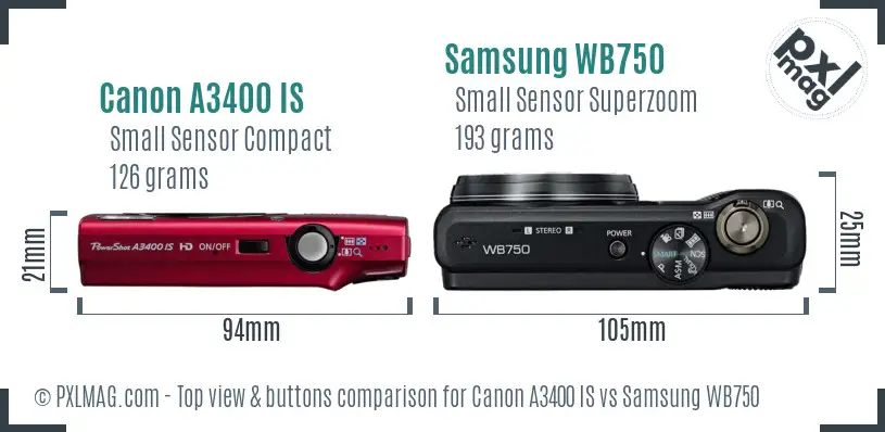 Canon A3400 IS vs Samsung WB750 top view buttons comparison
