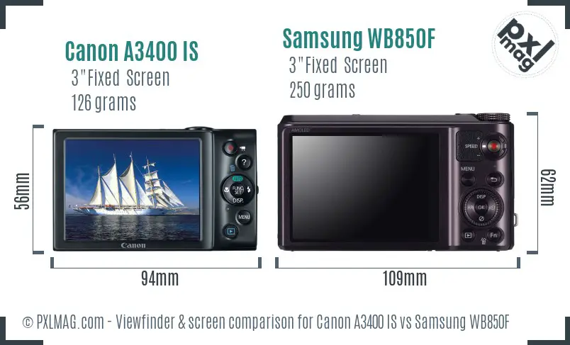 Canon A3400 IS vs Samsung WB850F Screen and Viewfinder comparison