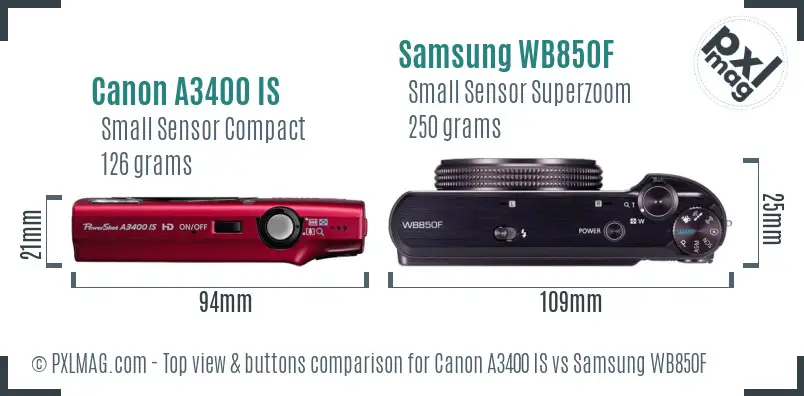 Canon A3400 IS vs Samsung WB850F top view buttons comparison