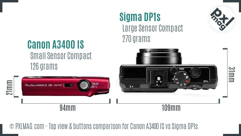 Canon A3400 IS vs Sigma DP1s top view buttons comparison