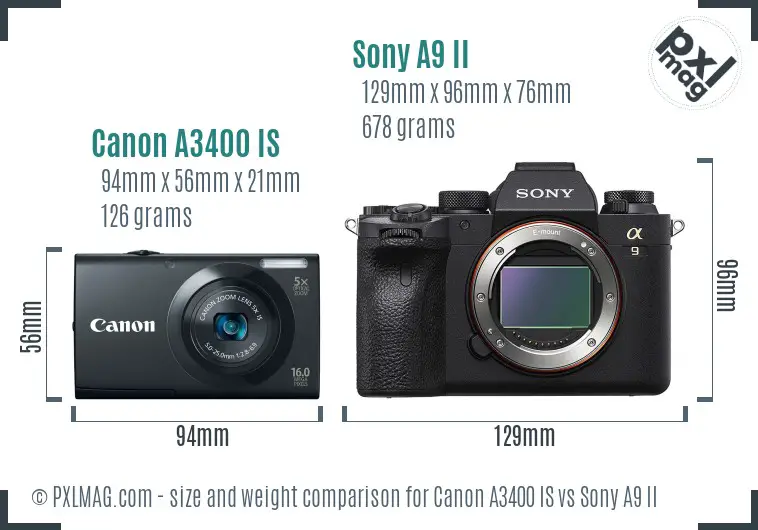Canon A3400 IS vs Sony A9 II size comparison