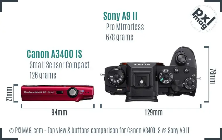 Canon A3400 IS vs Sony A9 II top view buttons comparison