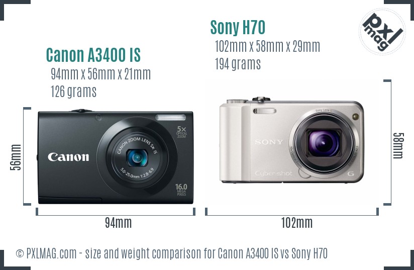 Canon A3400 IS vs Sony H70 size comparison