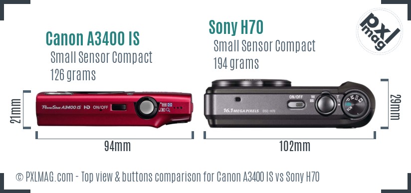 Canon A3400 IS vs Sony H70 top view buttons comparison