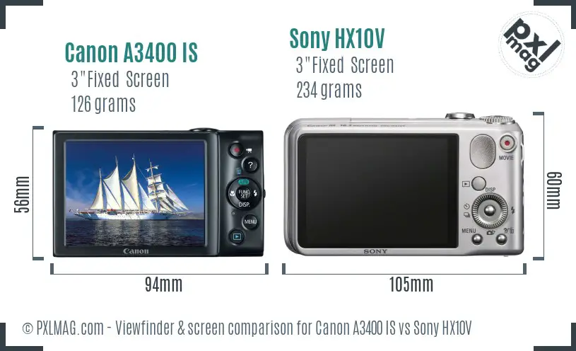 Canon A3400 IS vs Sony HX10V Screen and Viewfinder comparison