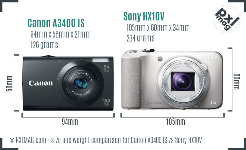 Canon A3400 IS vs Sony HX10V size comparison