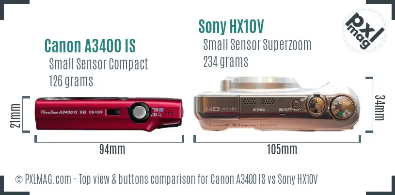 Canon A3400 IS vs Sony HX10V top view buttons comparison