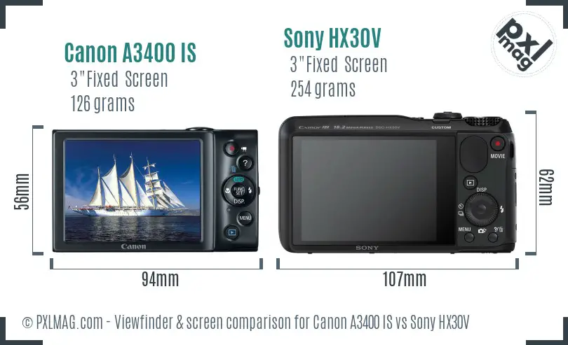 Canon A3400 IS vs Sony HX30V Screen and Viewfinder comparison