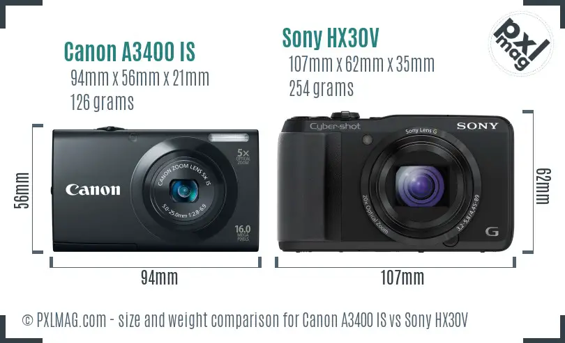 Canon A3400 IS vs Sony HX30V size comparison