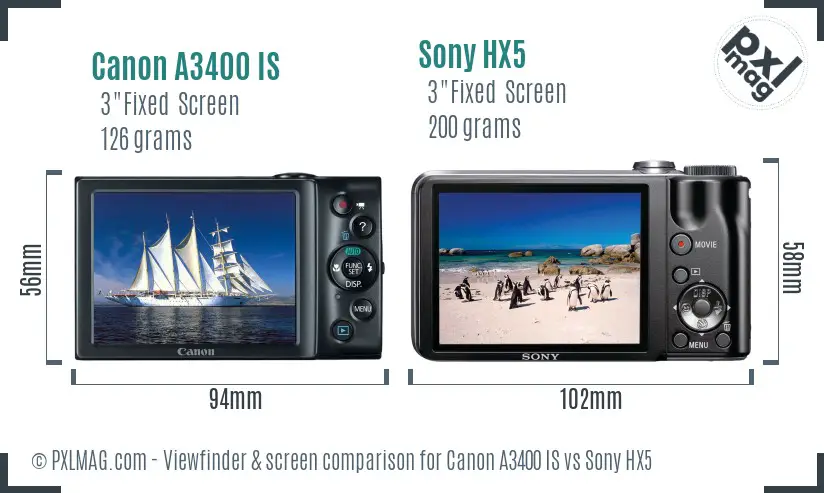 Canon A3400 IS vs Sony HX5 Screen and Viewfinder comparison