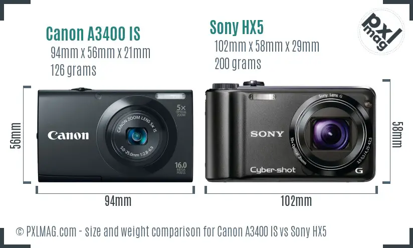 Canon A3400 IS vs Sony HX5 size comparison