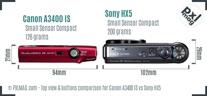 Canon A3400 IS vs Sony HX5 top view buttons comparison