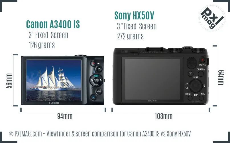 Canon A3400 IS vs Sony HX50V Screen and Viewfinder comparison