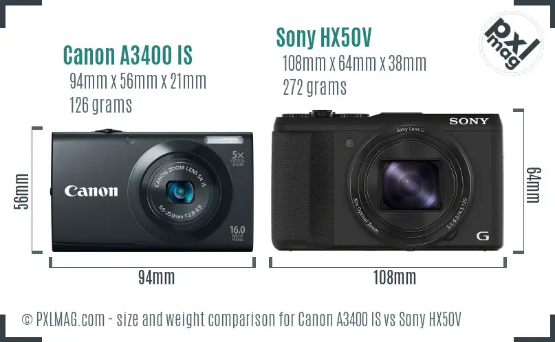 Canon A3400 IS vs Sony HX50V size comparison