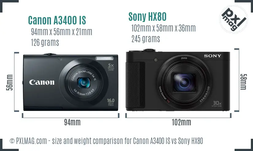 Canon A3400 IS vs Sony HX80 size comparison