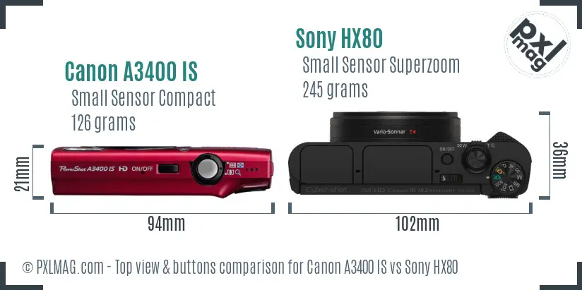 Canon A3400 IS vs Sony HX80 top view buttons comparison