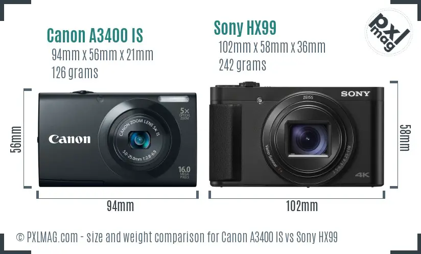 Canon A3400 IS vs Sony HX99 size comparison