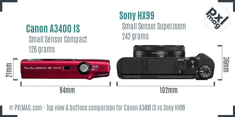 Canon A3400 IS vs Sony HX99 top view buttons comparison