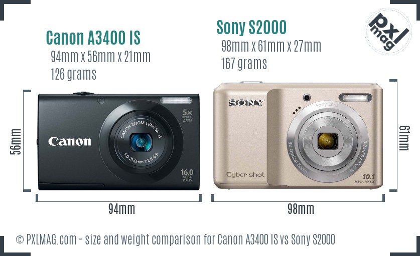 Canon A3400 IS vs Sony S2000 size comparison