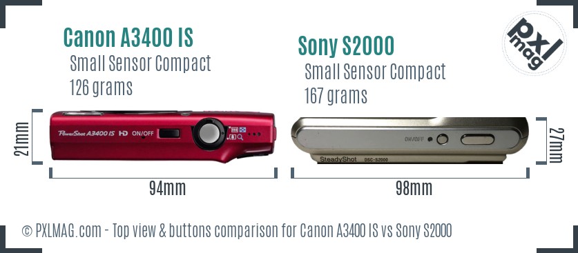 Canon A3400 IS vs Sony S2000 top view buttons comparison