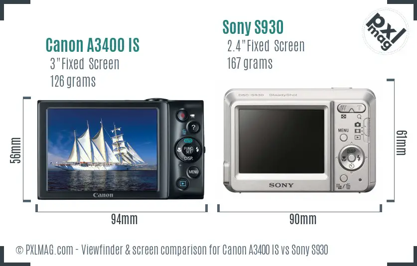 Canon A3400 IS vs Sony S930 Screen and Viewfinder comparison
