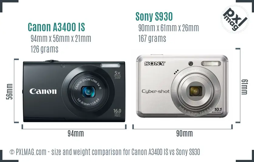 Canon A3400 IS vs Sony S930 size comparison