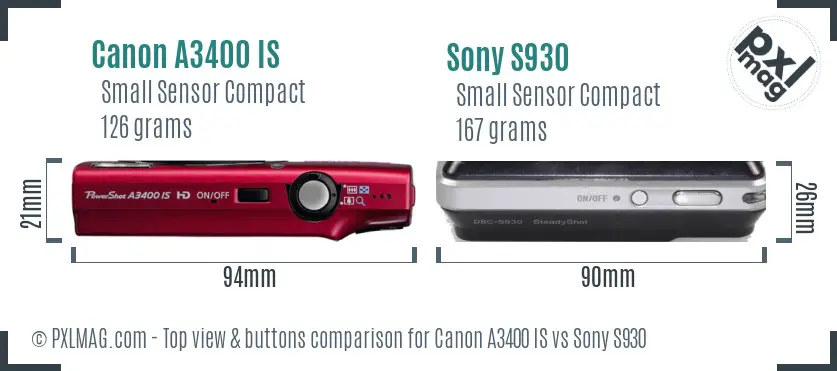 Canon A3400 IS vs Sony S930 top view buttons comparison