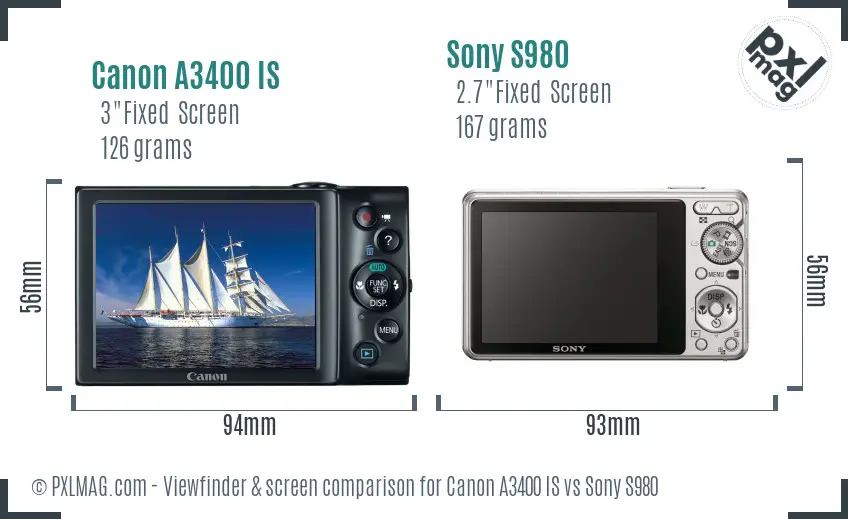 Canon A3400 IS vs Sony S980 Screen and Viewfinder comparison