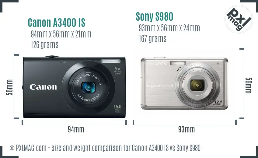 Canon A3400 IS vs Sony S980 size comparison