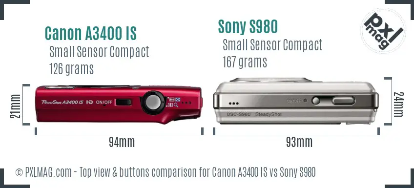 Canon A3400 IS vs Sony S980 top view buttons comparison