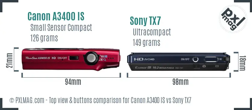 Canon A3400 IS vs Sony TX7 top view buttons comparison