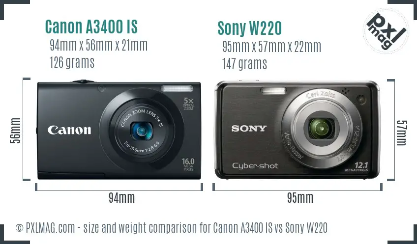 Canon A3400 IS vs Sony W220 size comparison