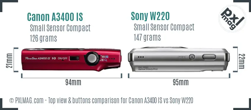 Canon A3400 IS vs Sony W220 top view buttons comparison