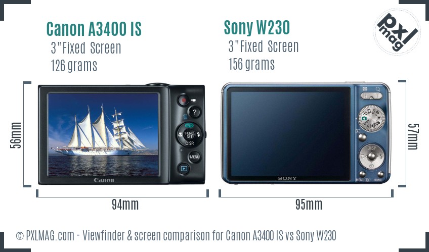Canon A3400 IS vs Sony W230 Screen and Viewfinder comparison