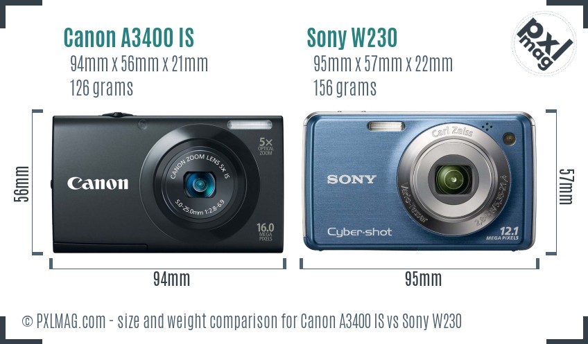 Canon A3400 IS vs Sony W230 size comparison