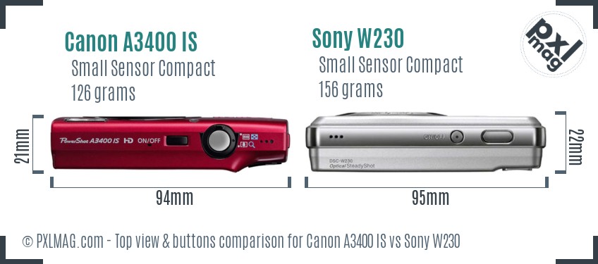 Canon A3400 IS vs Sony W230 top view buttons comparison