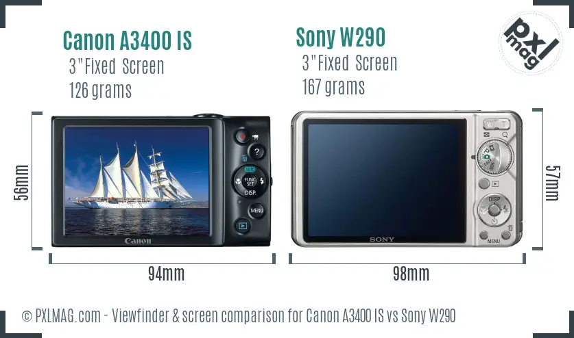 Back screen comparison between Canon A3400 IS and Sony W290