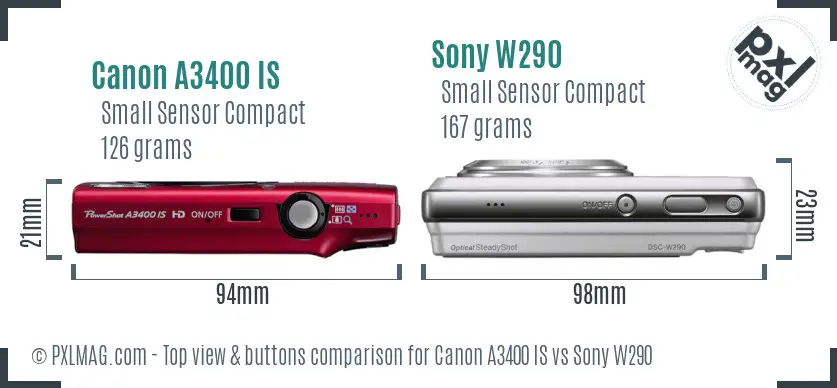 Top view of Canon A3400 IS and Sony W290 illustrating controls