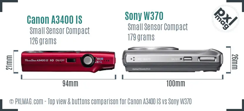 Canon A3400 IS vs Sony W370 top view buttons comparison Canon A3400 IS vs Sony W370 top view buttons comparison