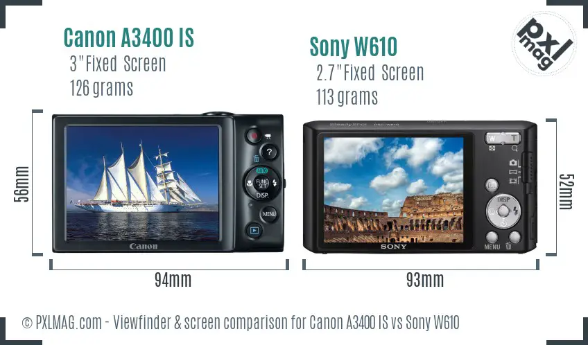 Canon A3400 IS vs Sony W610 Screen and Viewfinder comparison