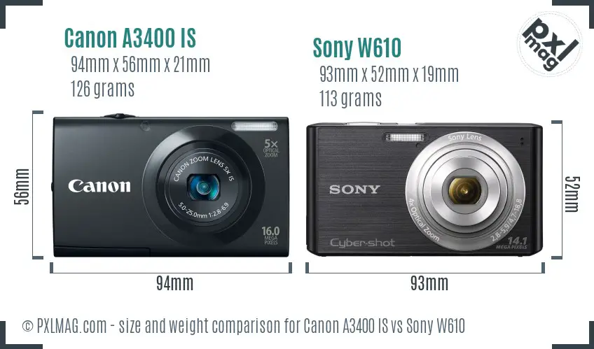 Canon A3400 IS vs Sony W610 size comparison