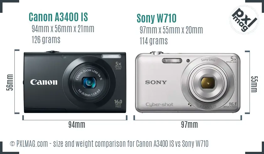 Canon A3400 IS vs Sony W710 size comparison