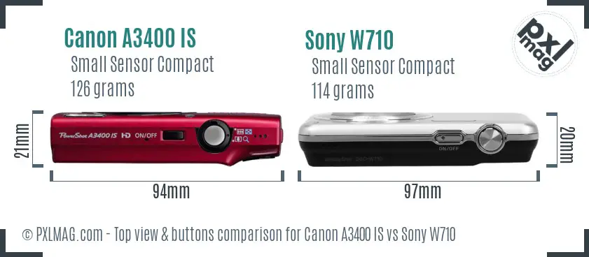 Canon A3400 IS vs Sony W710 top view buttons comparison