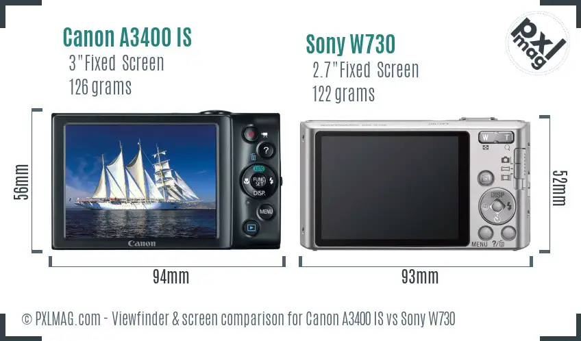 Canon A3400 IS vs Sony W730 Screen and Viewfinder comparison
