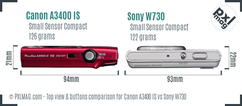 Canon A3400 IS vs Sony W730 top view buttons comparison