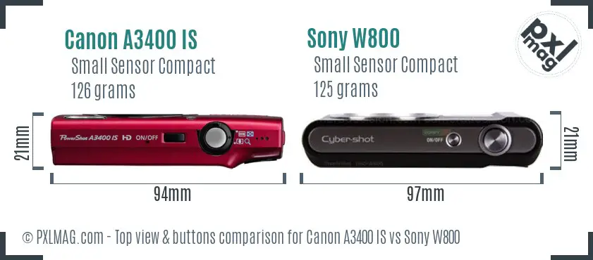 Canon A3400 IS vs Sony W800 top view buttons comparison Canon A3400 IS vs Sony W800 top view buttons comparison
